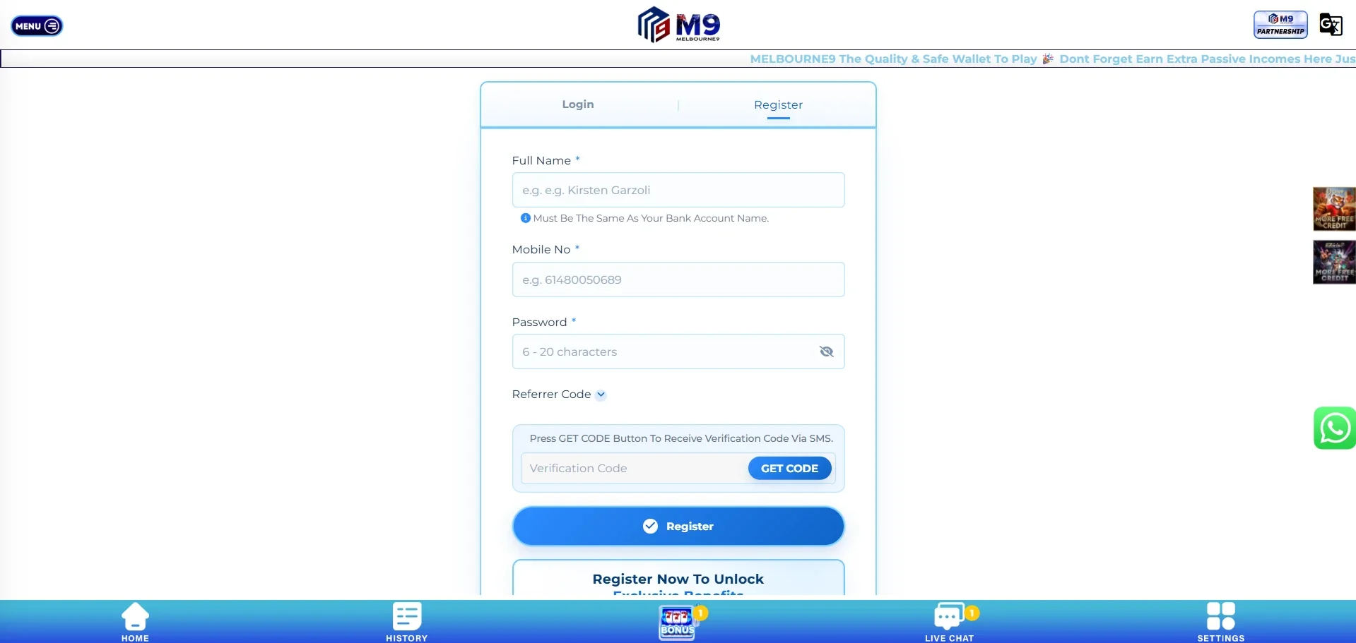 M9 Casino sign up